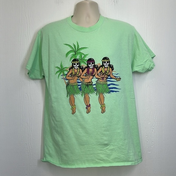 Spencer’s - Neon Green Skull Hula Girl Colorful Graphic Short Sleeve T Shirt L - Picture 2 of 9